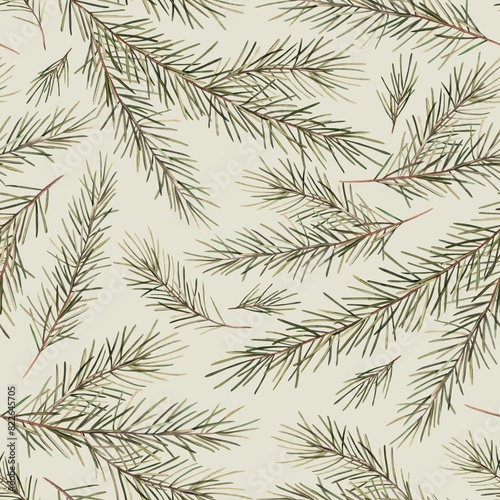 Pattern of fir branches. Christmas watercolor botanical illustration hand drawn on a light green background. Drawings for Christmas and New Year holidays  textiles  cards  wrapping paper  design.