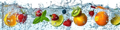 Fruit Water Splash. Fresh Multi Fruits and Vegetables Falling into Clear Blue Water  Healthy Diet