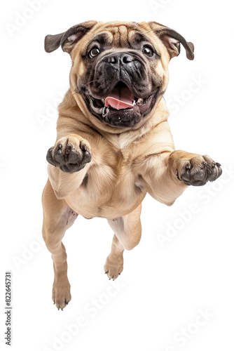 A playful, light brown puppy leaps with its tongue sticking out, capturing its joy and energy. © wasan