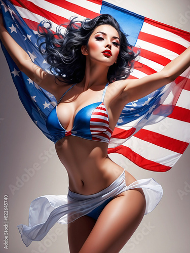 Sultry Stunning Pretty Glamorous American Patriotic Female Pin Up Model Waving The American Flag 300PPI High Resolution Image Suitable For Wall Art Poster And Other Print Solutions
