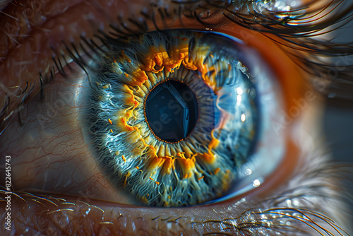 The fine lines of a human iris, highlighting eye color. Concept of vision and biological detail. Generative Ai.