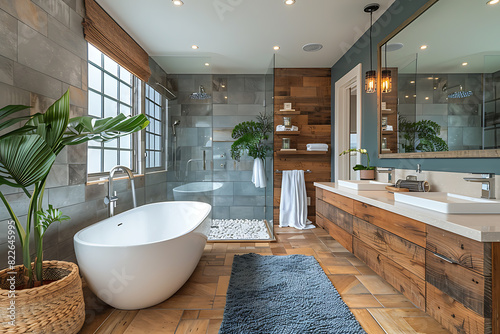 Gray Wood Bathroom Sanctuary with Freestanding Tub and Rain Shower