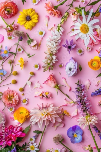 Flowers Flat. Easter Holiday Composition with Colorful Flowers on Pink Springtime Background