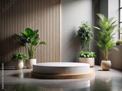 Modern minimalist room with circular display podium and lush indoor plants