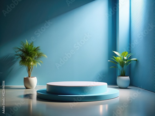 Modern Blue Display Podium Stage with Tropical Plants in a Minimalist Room Background