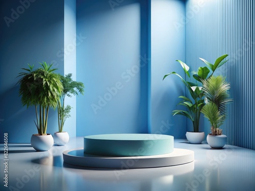 Modern minimalist blue podium with tropical plants for product display in a studio background