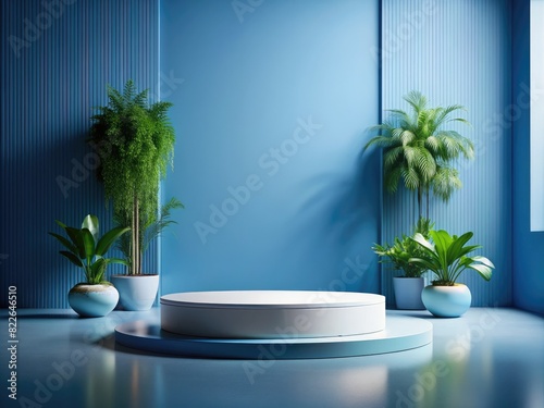 Modern white circular display podium with green potted plants on a serene blue minimalist studio background