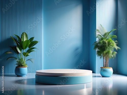Empty Blue Studio Room with Round Product Podium and Greenery