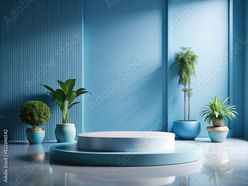 Minimalist Product Display Podium with Potted Plants in a Serene Blue Studio Background