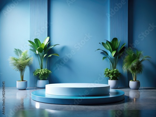 Minimalist Blue Product Display Podium with Green Plants on Clean Studio Background