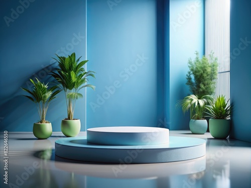 Minimalist Product Display Stage with Blue Podium, Potted Green Plants, and Reflective Floor