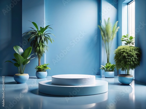 White Pedestal Display in Minimalist Blue Room with Potted Green Plants, Product Showcase Background