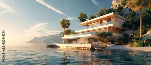 A contemporary luxury villa nestled on the shores of a vast lake, surrounded by untouched nature, no other houses in sight.