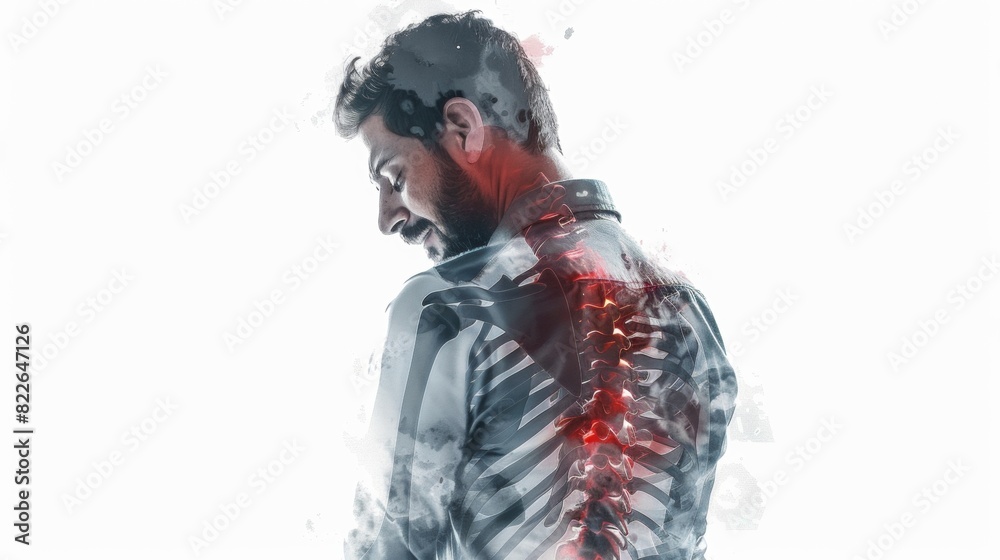 Rear view of a man holding his lower back in pain, with an overlay highlighting the spine and affected areas, illustrating back pain and spinal issues. Rear view of a man holding his lower back in pain, with an overlay highlighting the spine and affected areas, illustrating back pain and spinal issues.
