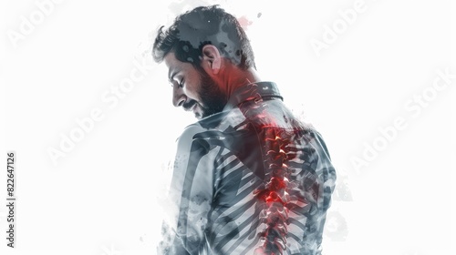 Rear view of a man holding his lower back in pain, with an overlay highlighting the spine and affected areas, illustrating back pain and spinal issues.