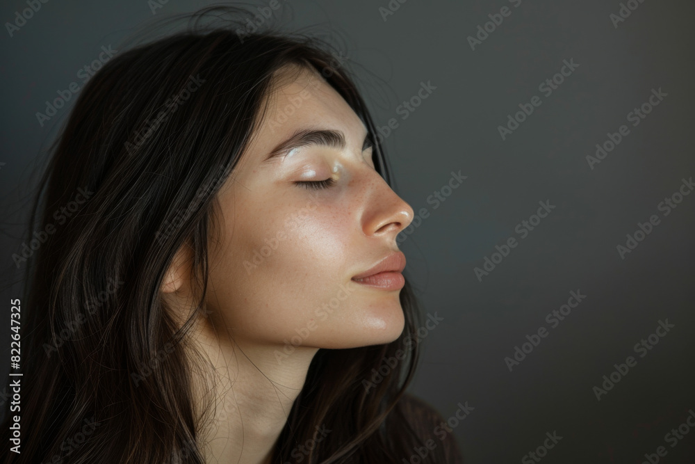 A close up of a woman's face with her eyes closed looking to a side A close up of a woman's face with her eyes closed looking to a side