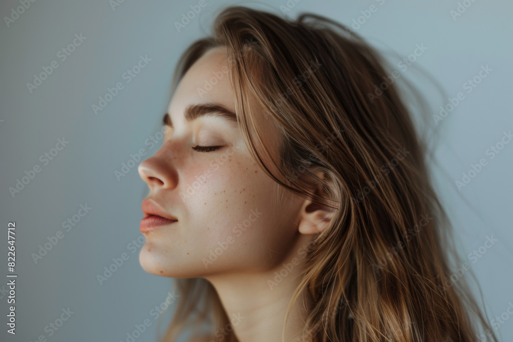 A close up of a woman's face with her eyes closed looking to a side A close up of a woman's face with her eyes closed looking to a side