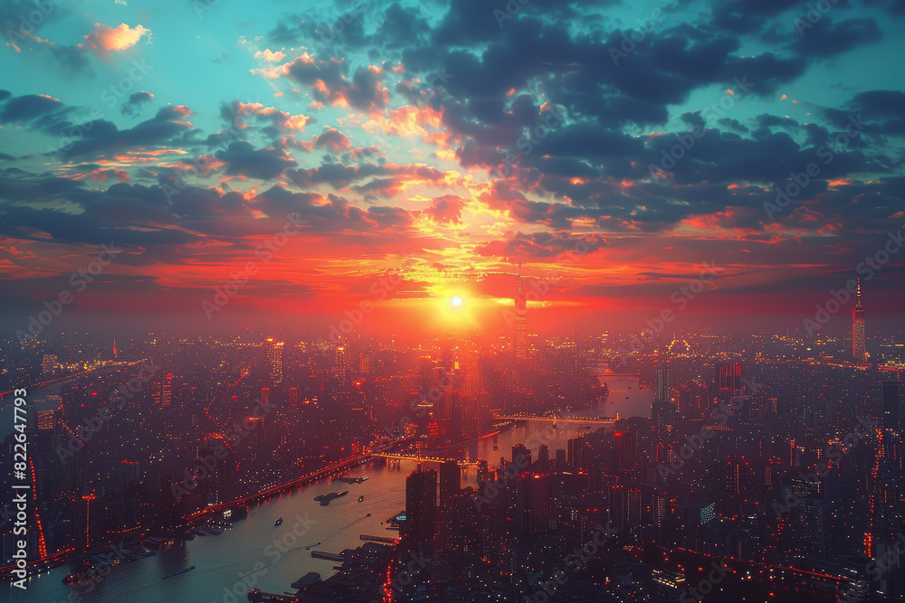 High-angle shot of a sprawling cityscape at dusk. Concept of urbanization and human habitation. Generative Ai. High-angle shot of a sprawling cityscape at dusk. Concept of urbanization and human habitation. Generative Ai.