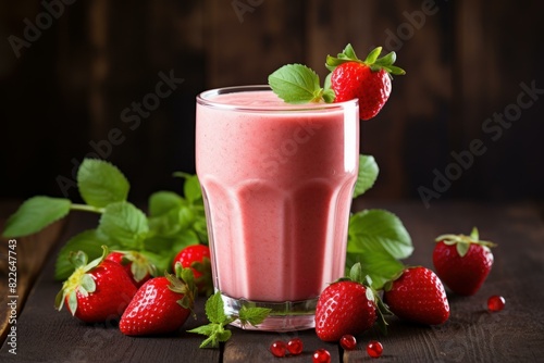 Vibrant strawberry smoothie in a glass  adorned with fresh mint and surrounded by ripe berries on a wooden table