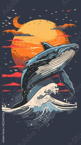 A whale is jumping out of the water in a painting with a sunset in the background. The mood of the painting is serene and peaceful, as the whale is captured in a moment of grace and freedom