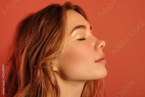 A close up of a woman's face with her eyes closed looking to a side