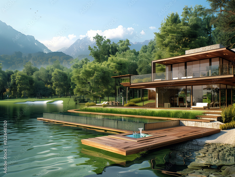 A contemporary luxury villa nestled on the shores of a vast lake, surrounded by untouched nature, no other houses in sight. A contemporary luxury villa nestled on the shores of a vast lake, surrounded by untouched nature, no other houses in sight.