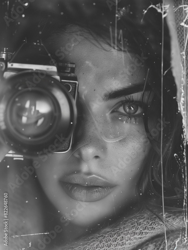 Retro photography, portrait of a woman holding a camera near her eyes, capturing a moment through the lens of time photo