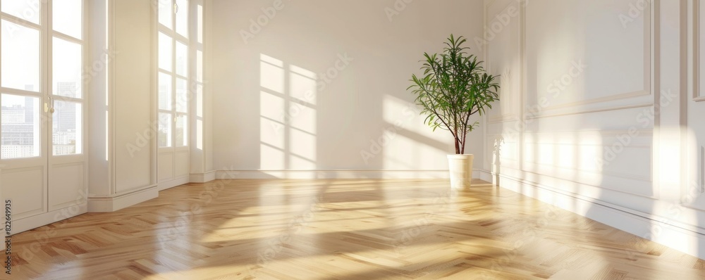 Fototapeta premium Empty bright apartment with large windows and city view at sunset