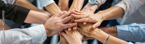 Several people are putting their hands together in a circle, corporate team building activity
