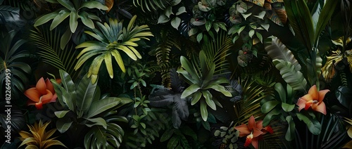 Lush Green Plants and Exotic Flowers on Textured Wall