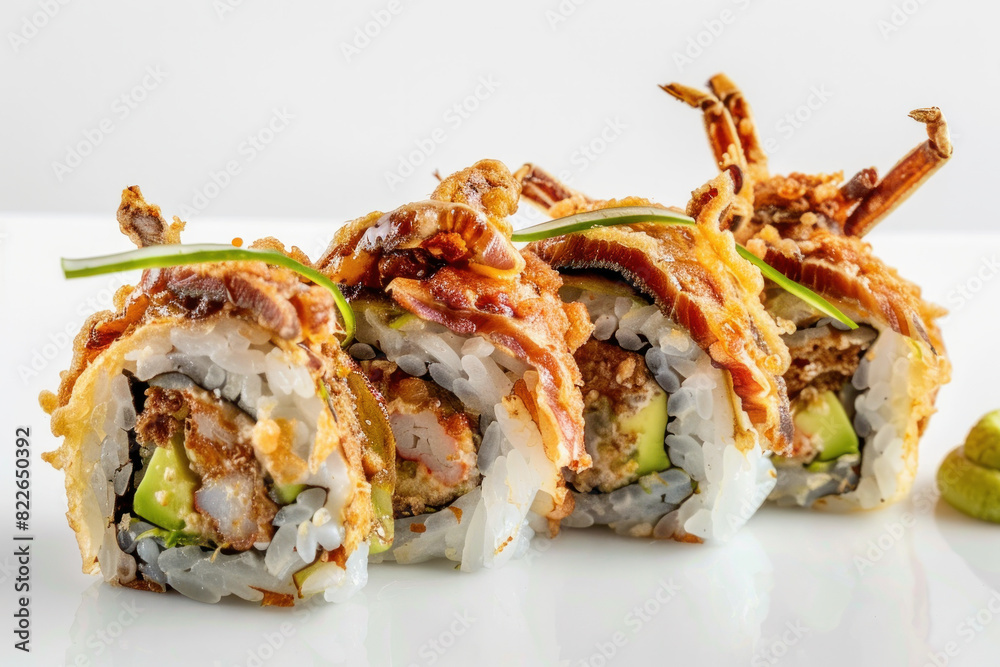 Crispy Tempura Spider Roll with Avocado, Soft-shell Crab, and Wasabi on a White Plate Crispy Tempura Spider Roll with Avocado, Soft-shell Crab, and Wasabi on a White Plate