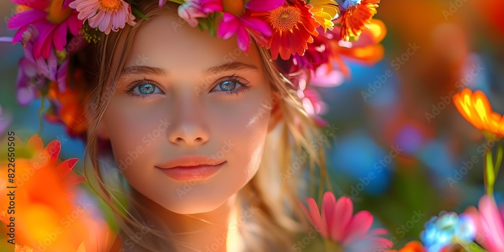 Vibrant Summer Energy: Young Girl in Flower Wreath Outdoors. Concept Summer Photoshoot, Flower Crown, Vibrant Colors, Outdoor Photography, Youthful Portraits