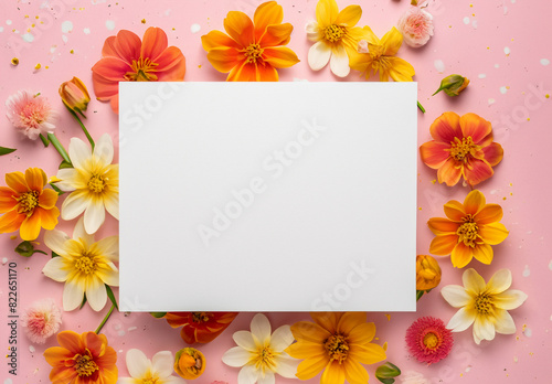 Blooming Beauty  White Card Framed by Vibrant Pink  Yellow  and Orange Blossoms