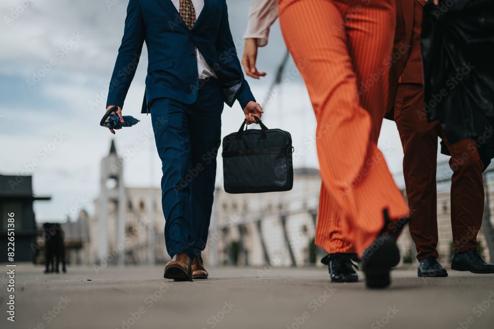 Close-up of business professionals walking in the city, showcasing their attire and briefcases, symbolizing corporate life and busy urban routines. Close-up of business professionals walking in the city, showcasing their attire and briefcases, symbolizing corporate life and busy urban routines.