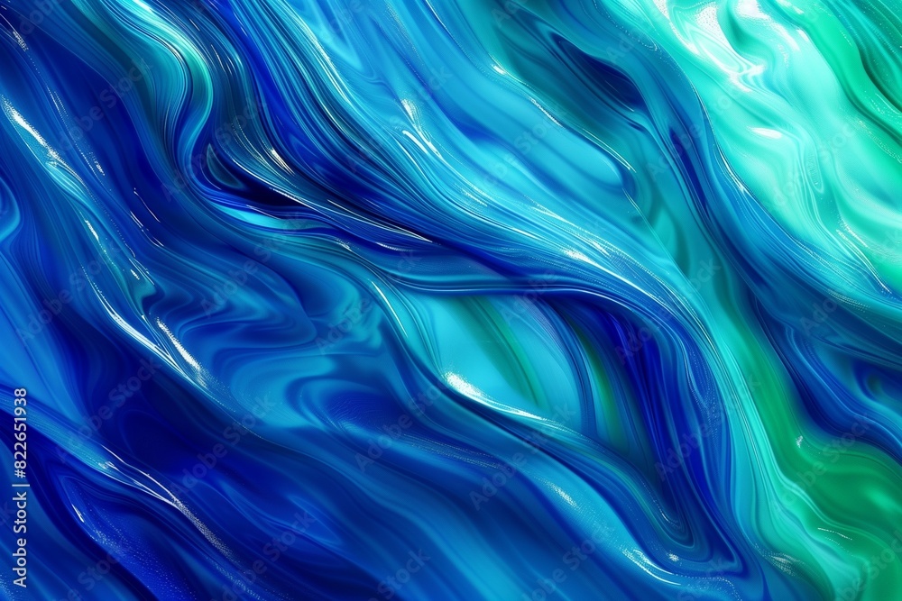Obraz premium : A mesmerizing abstract background of vibrant blue and green liquid paints gently flowing and blending together, creating a serene and calming effect reminiscent of an ocean wave.