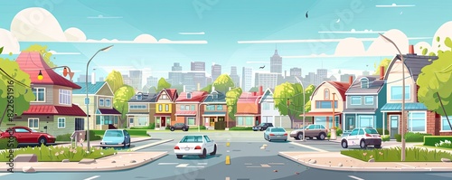 Colorful suburban neighborhood with cars and trees against city skyline background