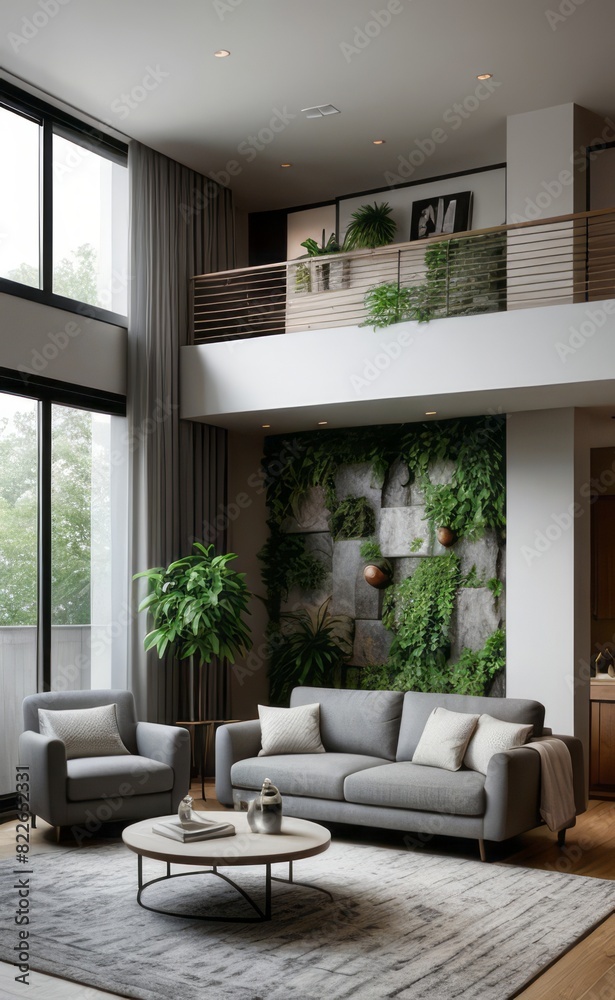 Naklejka premium gray and marble luxury living room interior with sleek furniture and a vertical garden