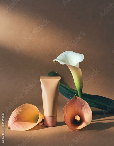 Still life of calla lilies and beauty product on peach fuzz  background. photo