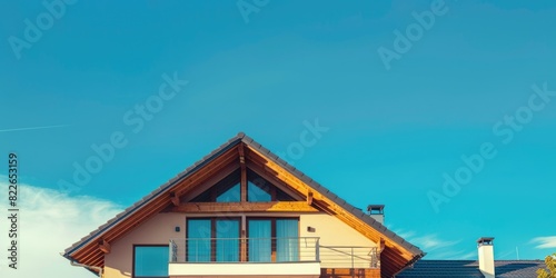 House Roof Sky. Architectural Building with Spacious Rooftop and Clear Blue Sky © Serhii