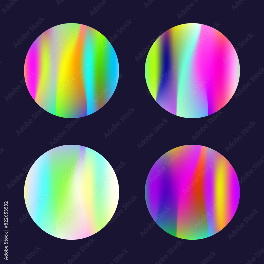 Gradient round set with holographic mesh. Abstract hologram. Bright gradient round set. Minimalistic 90s, 80s retro style graphic template for placard, presentation, banner, brochure.