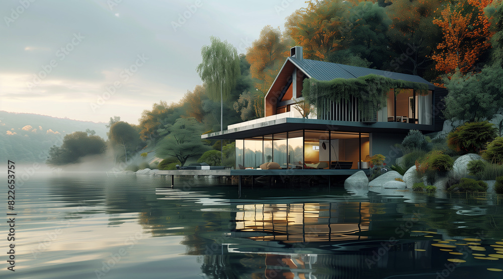 Fototapeta premium 21st-Century Minimalist Concrete and Glass House:. Image showcasing the sleek and minimalist design of the house with concrete and glass elements.