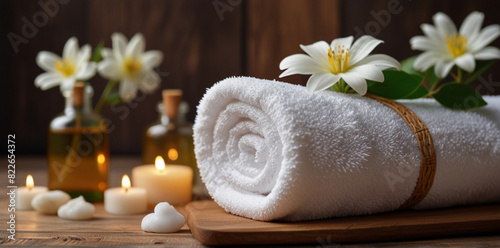 Spa setting with candles , towels and flowers