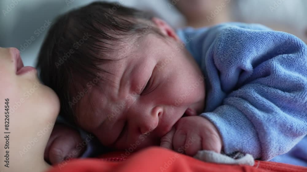 Close-up of a newborn baby in a blue onesie resting on an older sibling's chest, showcasing the tender moment and the strong sibling bond in a loving and serene family environment