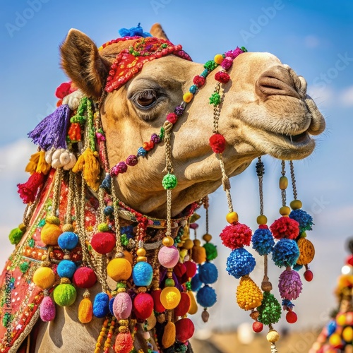 Close Up of Camel Wearing Colorful Headdress. Generative AI
