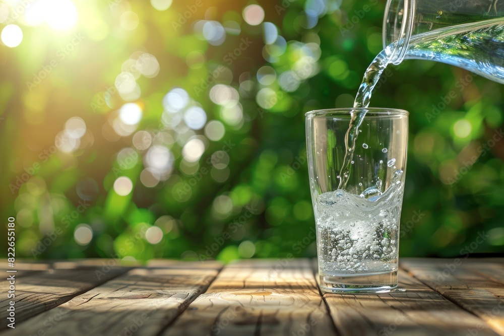 Refreshing water being poured into a glass with ice cubes on a sunny day Refreshing water being poured into a glass with ice cubes on a sunny day