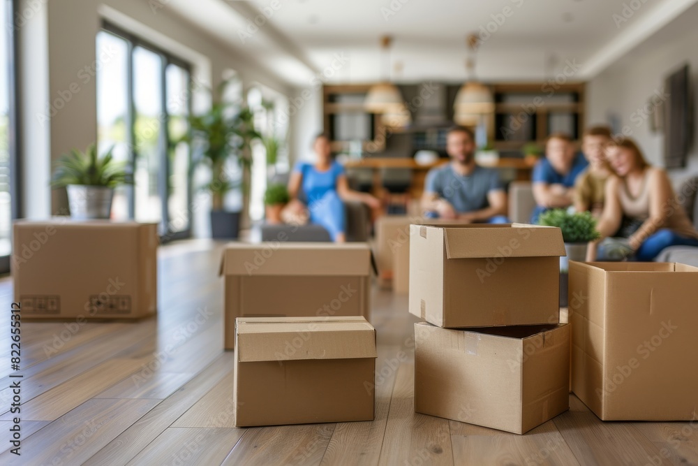 Family moving with houseplants, unpacking boxes in a bright, cozy new home with natural light, smiling children and parents, teamwork and happiness, modern interior, lifestyle photography, fresh start