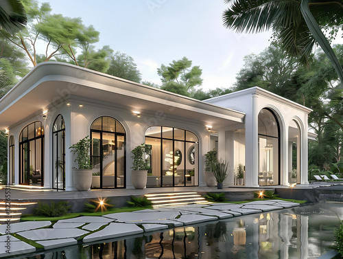 photo exterior Modern 1 story cement house in classic style One layer of white in Thailand photo