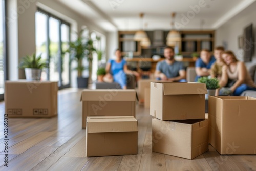 Family moving with houseplants, unpacking boxes in a bright, cozy new home with natural light, smiling children and parents, teamwork and happiness, modern interior, lifestyle photography, fresh start © Leo
