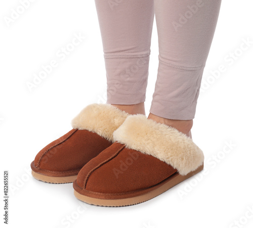 Woman in soft slippers on white background, closeup © New Africa
