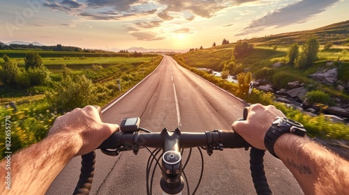 Cyclist rides a bicycle. Hands holding bike handles with a scenic nature view. Concept of cycling, biking, adventure, travel, sport, activity, training, and coastal exploration © Jafree